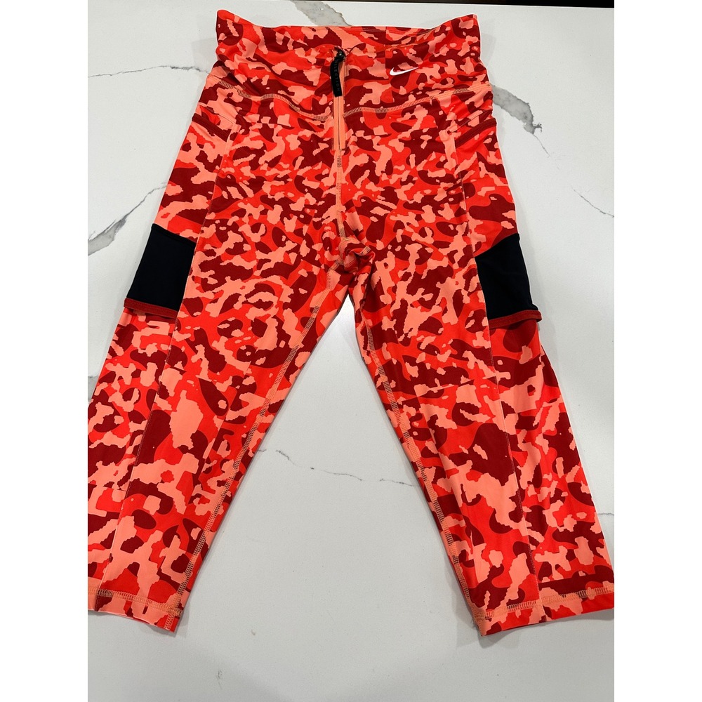 Nike Icon Clash Dri-FIT Womens Red Orange Camo Crop Leggings Zip Front Medium